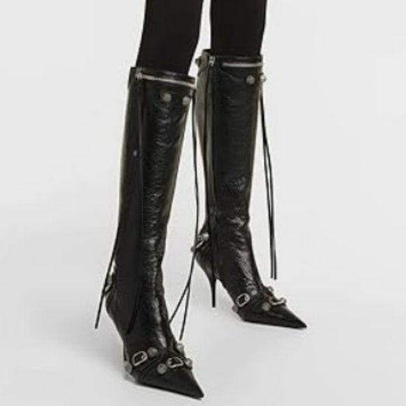 New Black Silver Studded Pointed Toe Stiletto Heel Knee High Boots - Picture 3 of 4